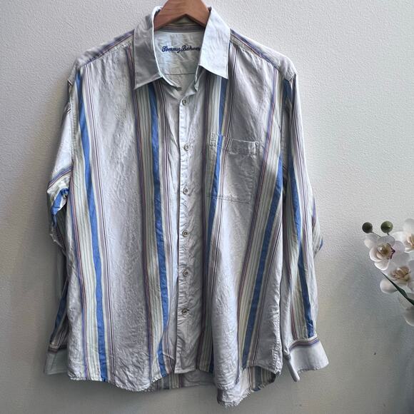 Tommy Bahama Men's Long Sleeve Button Up 100% Silk Shirt Lg Strip Blue Vacation - Picture 1 of 9